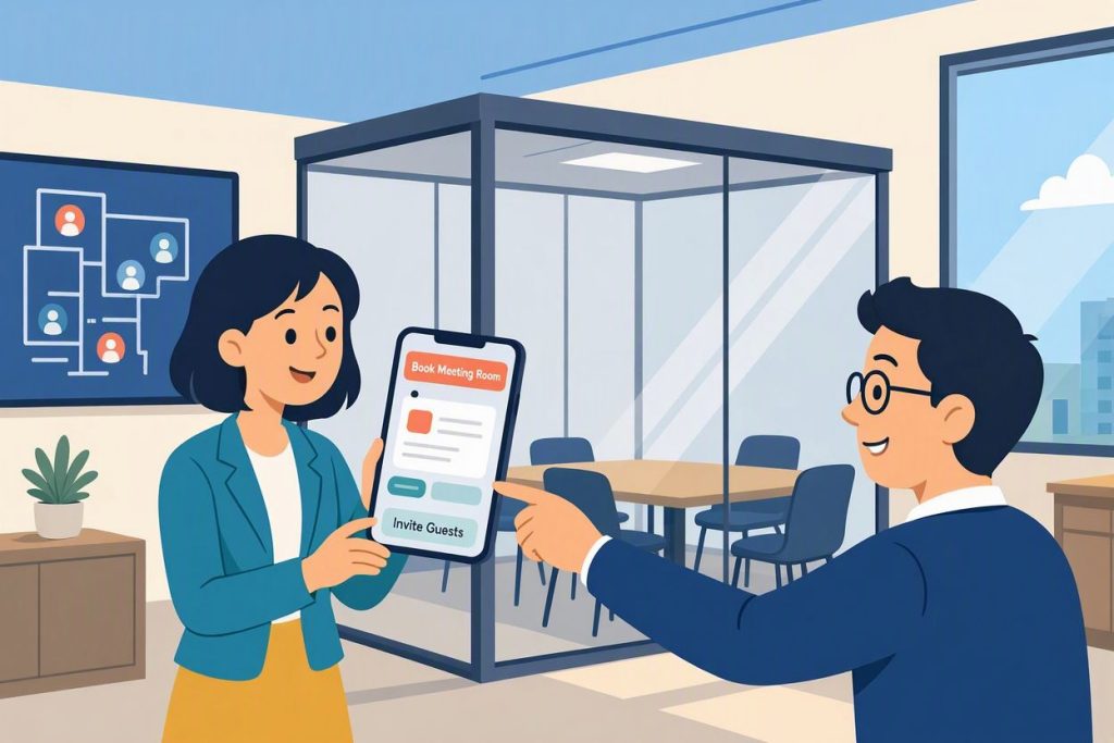 Book a Meeting Room and Invite other guests en type cartoon Book a Meeting Room and Invite other guests