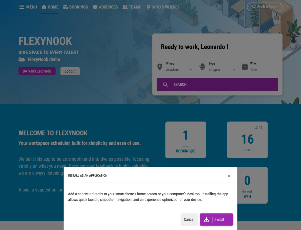 FireShot Capture 255 FlexyNook Your flex office manager hub.flexynook.app Using FlexyNook as a Progressive Web App (PWA): Like a Mobile or Desktop Application